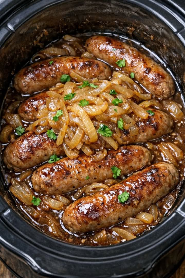 Bangers and Onions In Slow Cooker 4 Ingredients
