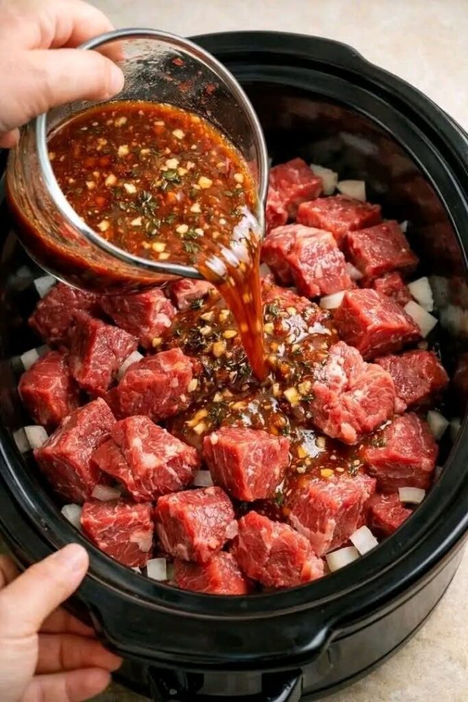 Beef Bourguignon One-Pour Wine Mixture In Slow Cooker