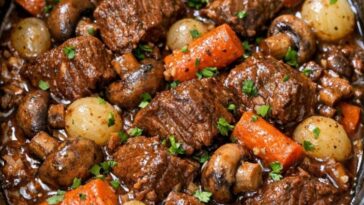 Beef Bourguignon One-Pour Wine Mixture In Slow Cooker