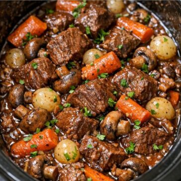 Beef Bourguignon One-Pour Wine Mixture In Slow Cooker