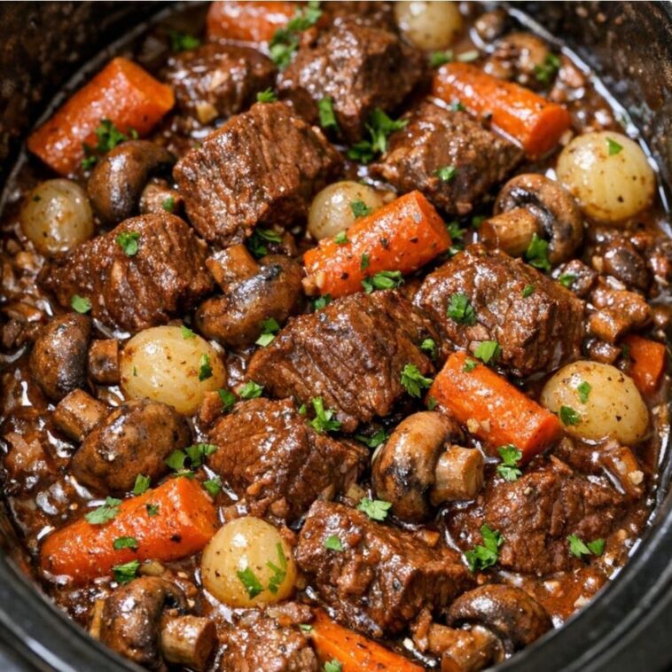 Beef Bourguignon One-Pour Wine Mixture In Slow Cooker