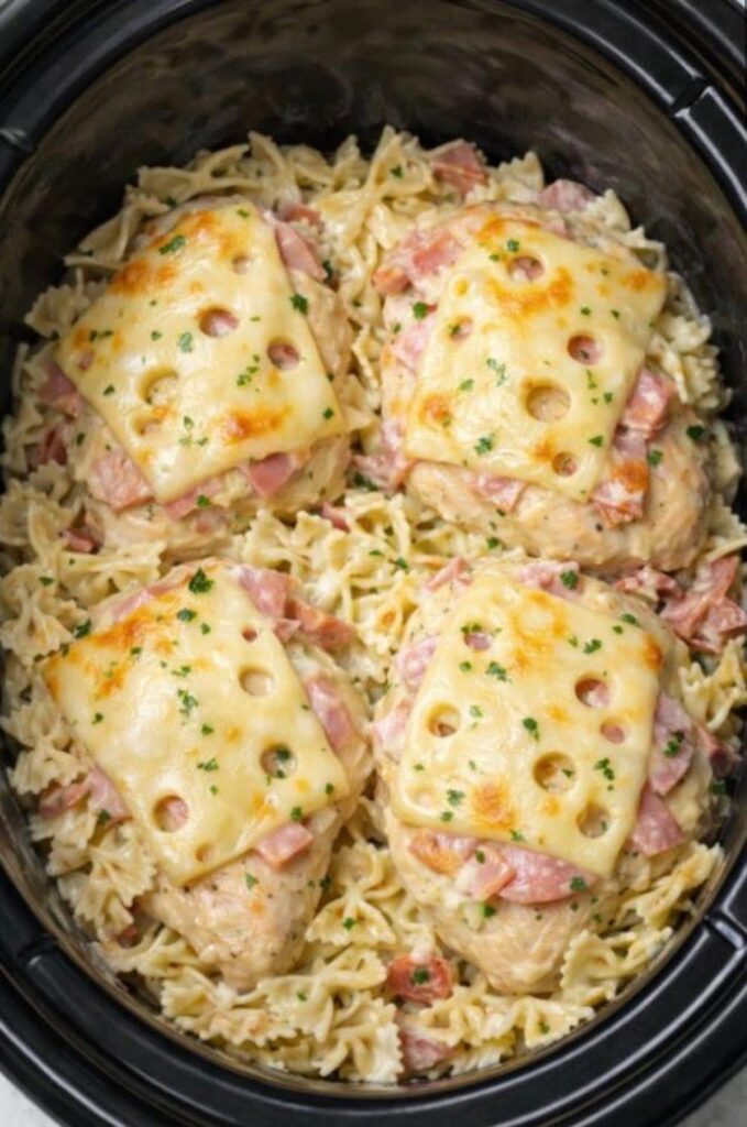 Chicken Cordon Bleu Bowtie Pasta In Slow Cooker