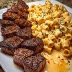 Garlic Butter Steak Tips and Mozzarella Creamy Rigatoni