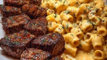 Garlic Butter Steak Tips and Mozzarella Creamy Rigatoni