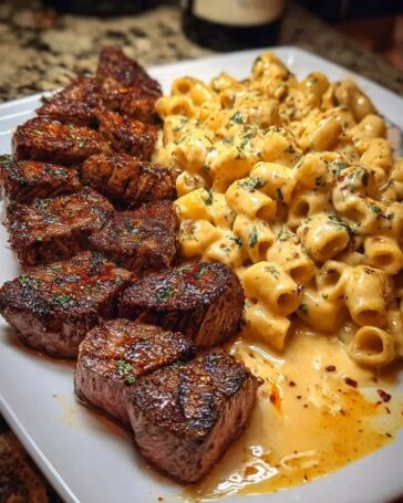 Garlic Butter Steak Tips and Mozzarella Creamy Rigatoni