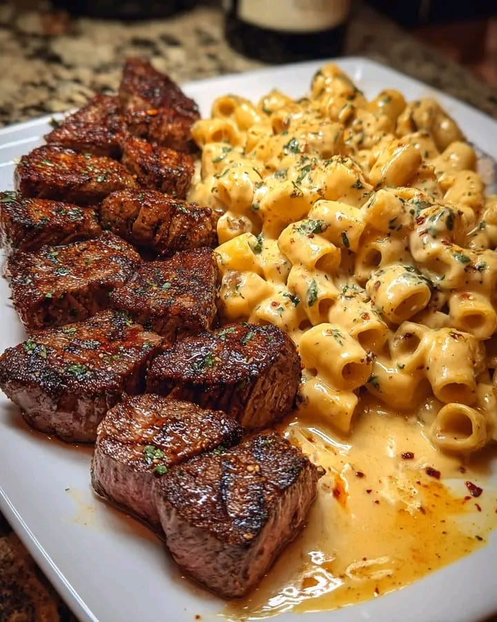 Garlic Butter Steak Tips and Mozzarella Creamy Rigatoni