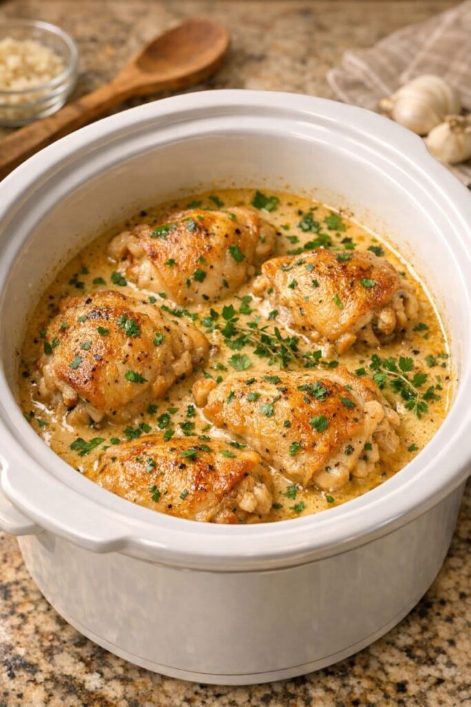 Golden Cream Chicken Thighs In Slow Cooker