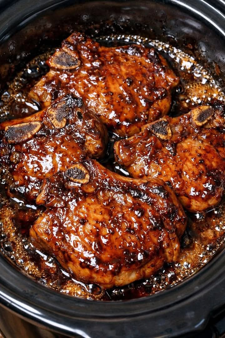 Whiskey Brown Sugar Chops in the Slow Cooker
