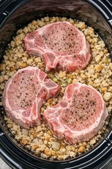 pork chops and stuffing in slow cooker