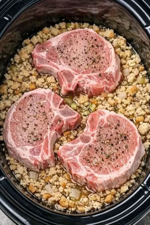 pork chops and stuffing in slow cooker