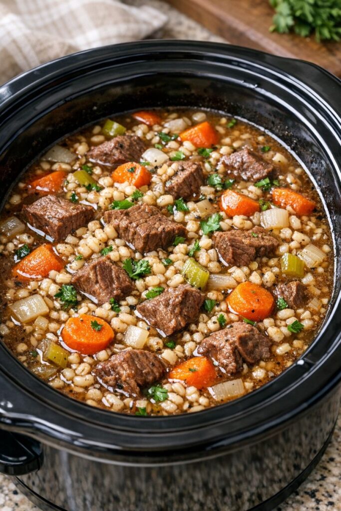 Amish Beef & Barley Soup Slow Cooker