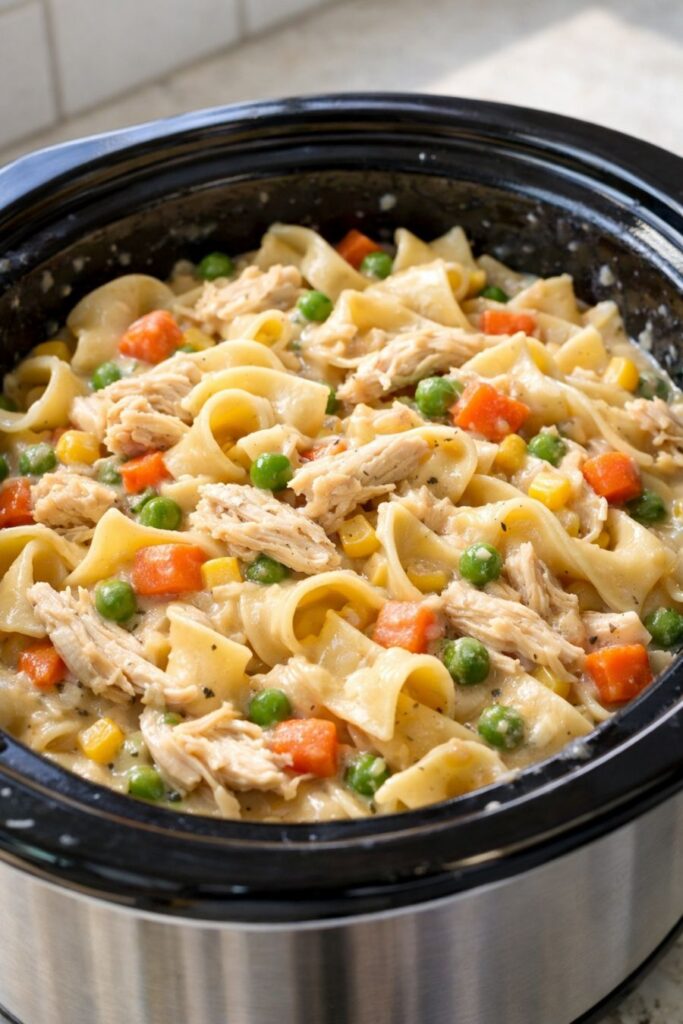 Amish Chicken Pot Pie Noodles Slow Cooker 5-Ingredient