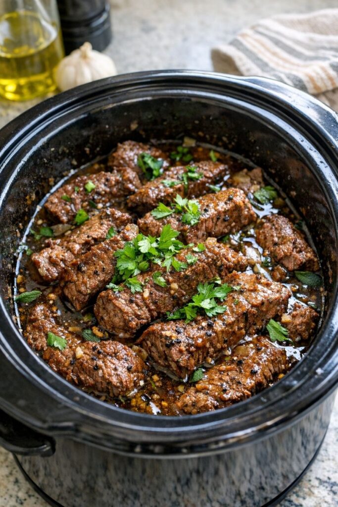 Brown Butter Herb Beef Strips Slow Cooker
