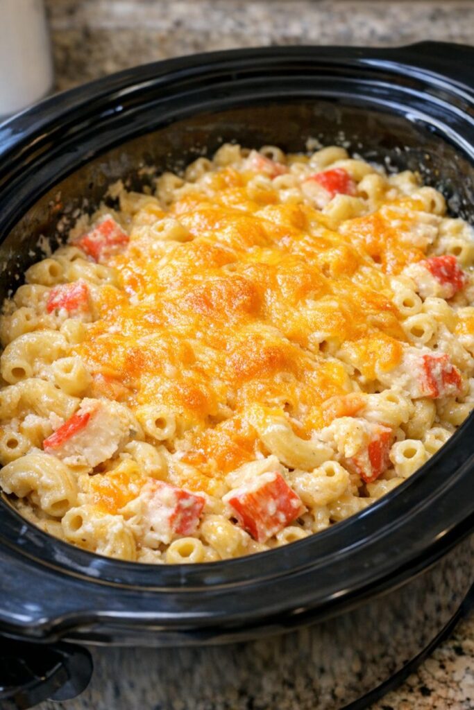 Crab Mac and Cheese Slow Cooker 5-Ingredient... Drop a frozen crab block in the slow cooker with uncooked pasta, milk, cheese, and salt. Walk away and return to creamy, cheesy crab mac and cheese. This 5-ingredient wonder is perfect for late nights or family dinners. Tastes fancy but super easy—no stirring much. Your family will love it and want seconds! 

Put a frozen crab block in the slow cooker with 4 kitchen basics. Get a dinner so yummy, your husband asks for more!

This 5-thing slow cooker crab mac and cheese is my go-to meal when work goes long and I crave something warm and a bit fancy. Just add a frozen block of fake crab to the crockpot with four easy pantry items, leave it, and come back to gooey, cheesy noodles that seem hard to make. It's cozy Midwest food with a sea twist—nice for date night or quick weeknights.

Serve right from the pot with green salad or steamed broccoli to cut the richness. Garlic bread or hot rolls scoop up sauce. Add red pepper flakes or hot sauce for spice. Try white wine, lemon water, or iced tea with the sweet crab taste.

Crab Mac and Cheese Slow Cooker 5-Ingredient
Servings: 4

Ingredients

1 (16-ounce) frozen block imitation crab (no thawing)

3 cups uncooked elbow macaroni (about 12 ounces)

4 cups whole milk (or 2% milk)

3 cups shredded sharp cheddar cheese (about 12 ounces)

1 teaspoon salt (plus more if needed)

Crab Mac and Cheese Slow Cooker 5-Ingredient: Directions

Put the frozen crab block flat on the bottom of a 5- to 6-quart slow cooker. It should sit like a solid piece right there.

Pour uncooked elbow macaroni all around and on top of the crab. Let some pasta go down the sides to hug the crab.

Sprinkle salt over the pasta and crab. Pour milk on top. Make sure most pasta touches the milk. Press down dry bits gently. Don't stir.

Cover with lid. Cook on HIGH for 1 hour 30 minutes. At 1 hour, lift lid quick. Stir softly to break crab into small bits and free stuck pasta. Put lid back fast.

After 1 hour 30 minutes, stir again. Pasta mostly soft, crab thawed and flaky. Add cheese in 2-3 handfuls. Stir after each until melted and smooth.

Cover. Cook on HIGH 10-20 more minutes until sauce thickens and pasta done but not soggy. Stir, taste, add salt if you want.

Switch to WARM. Serve from crock—scoop deep for crab. If too thick later, add splash of milk and stir.

Italian Drunken Noodles Slow Cooker

Whole-Orange Spring Pudding Slow Cooker