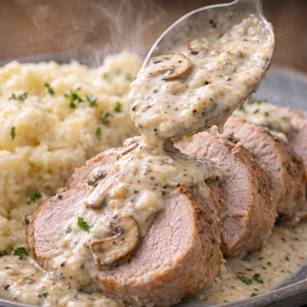 Creamy Mushroom Pork Tenderloin Slow Cooker