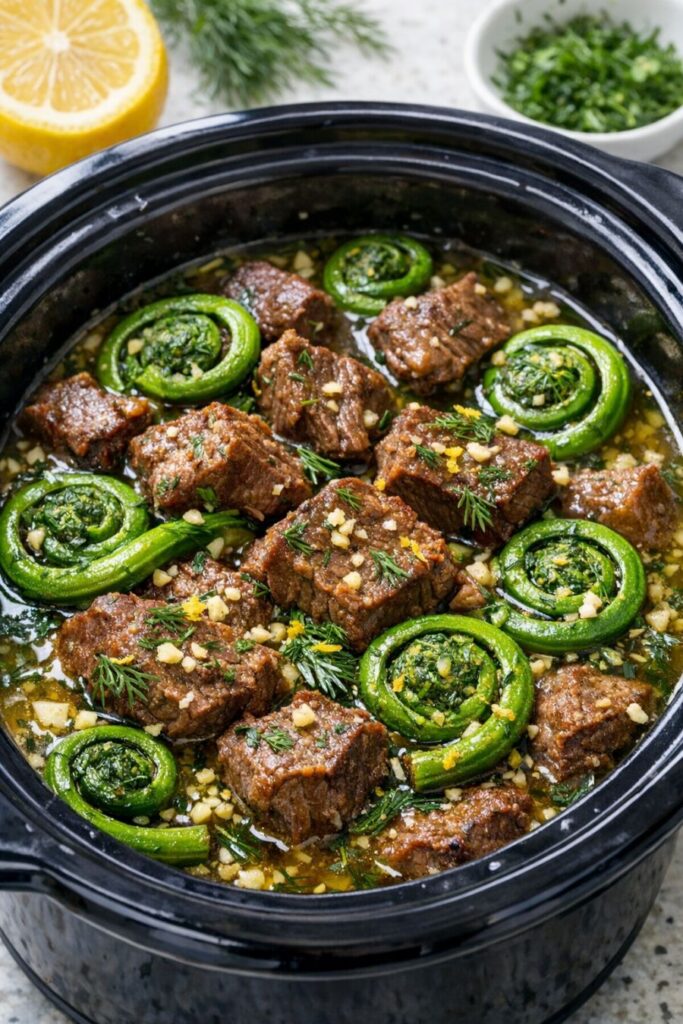 Fiddlehead Fern Beef with Lemon-Dill Drizzle In The Slow Cooker