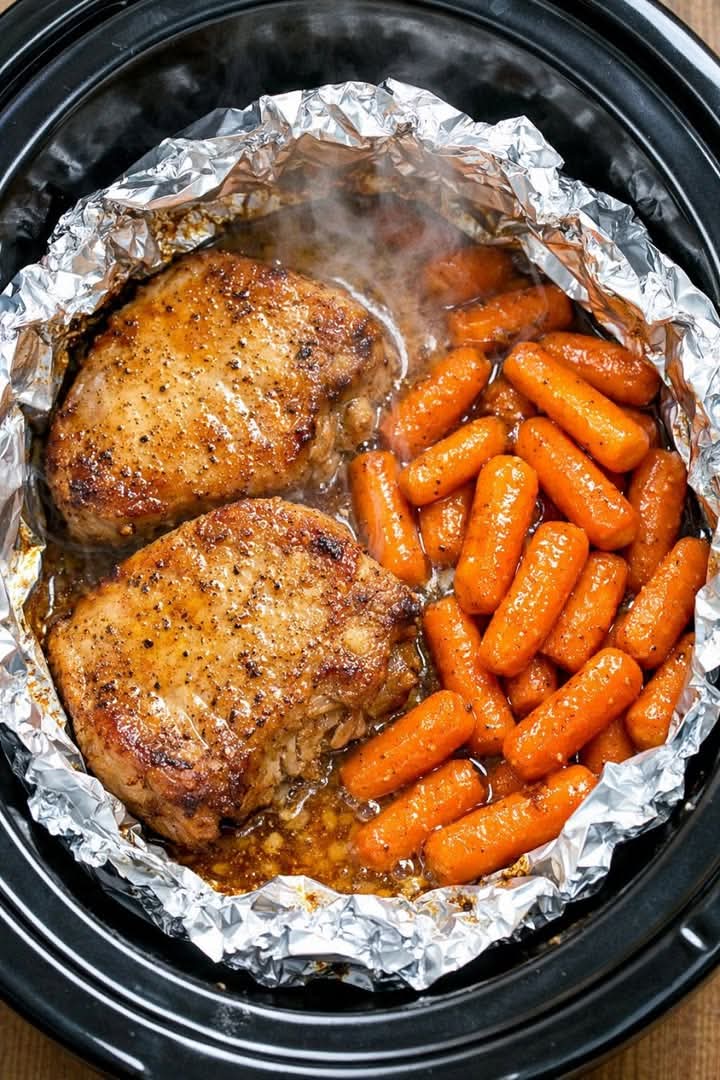 Foil Pork Chops and Carrots Slow Cooker