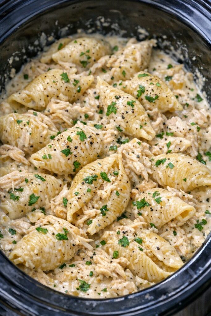 Parmesan Chicken Shells-Creamy Garlic-Slow Cooker