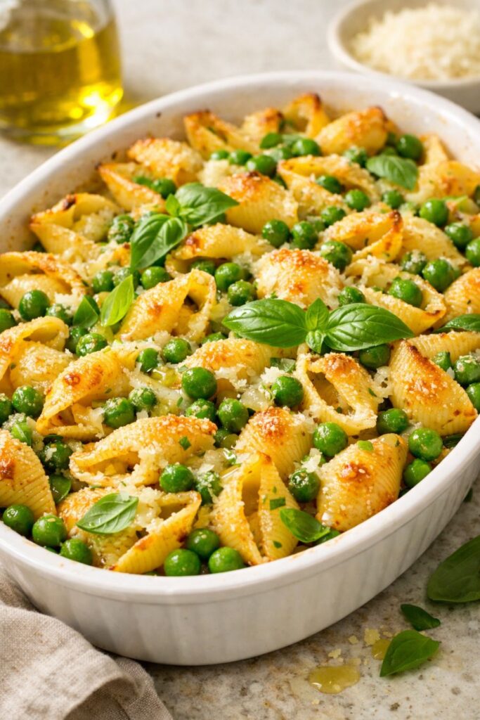 Spring Pea Shell Pasta Oven-Baked