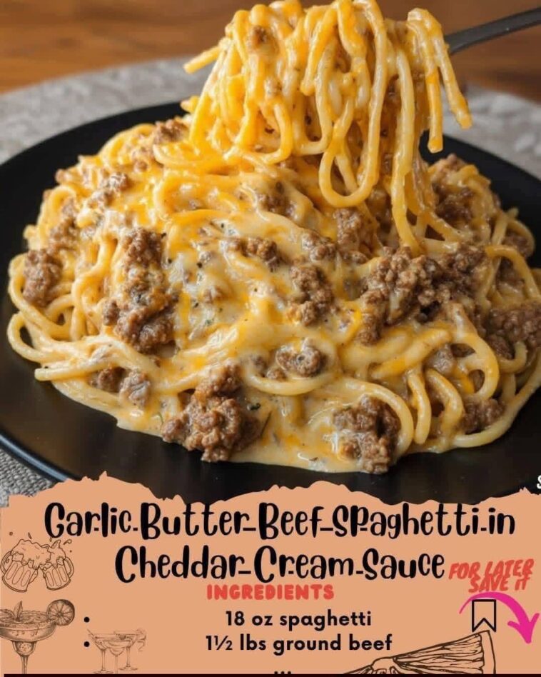 Garlic Butter Beef Spaghetti in Cheddar Cream Sauce 🧄🍝