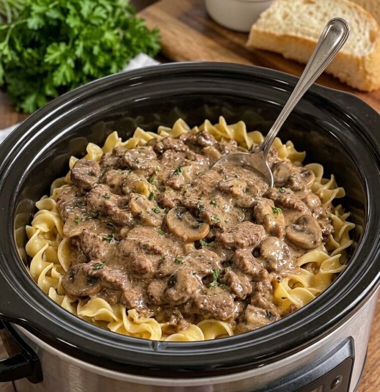 Creamy Beef Stroganoff In Slow Cooker