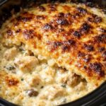 Slow cooker cheesy beef potatoes served family-style