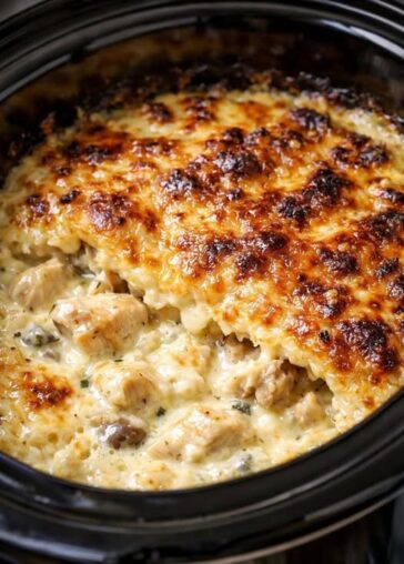 Slow cooker cheesy beef potatoes served family-style