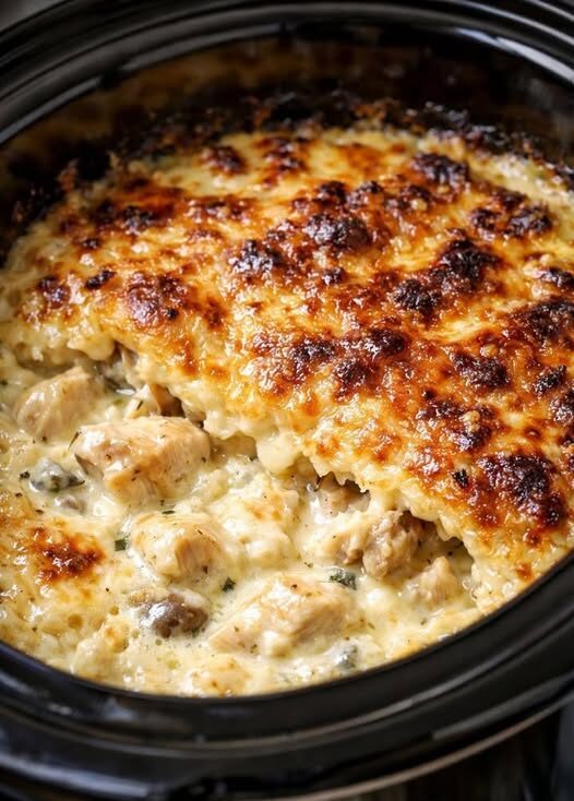 Slow cooker cheesy beef potatoes served family-style