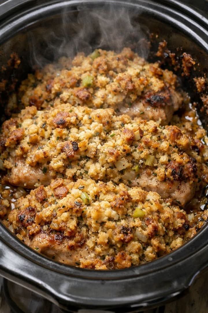 Crock Pot Amish Stuffing Pork Chops